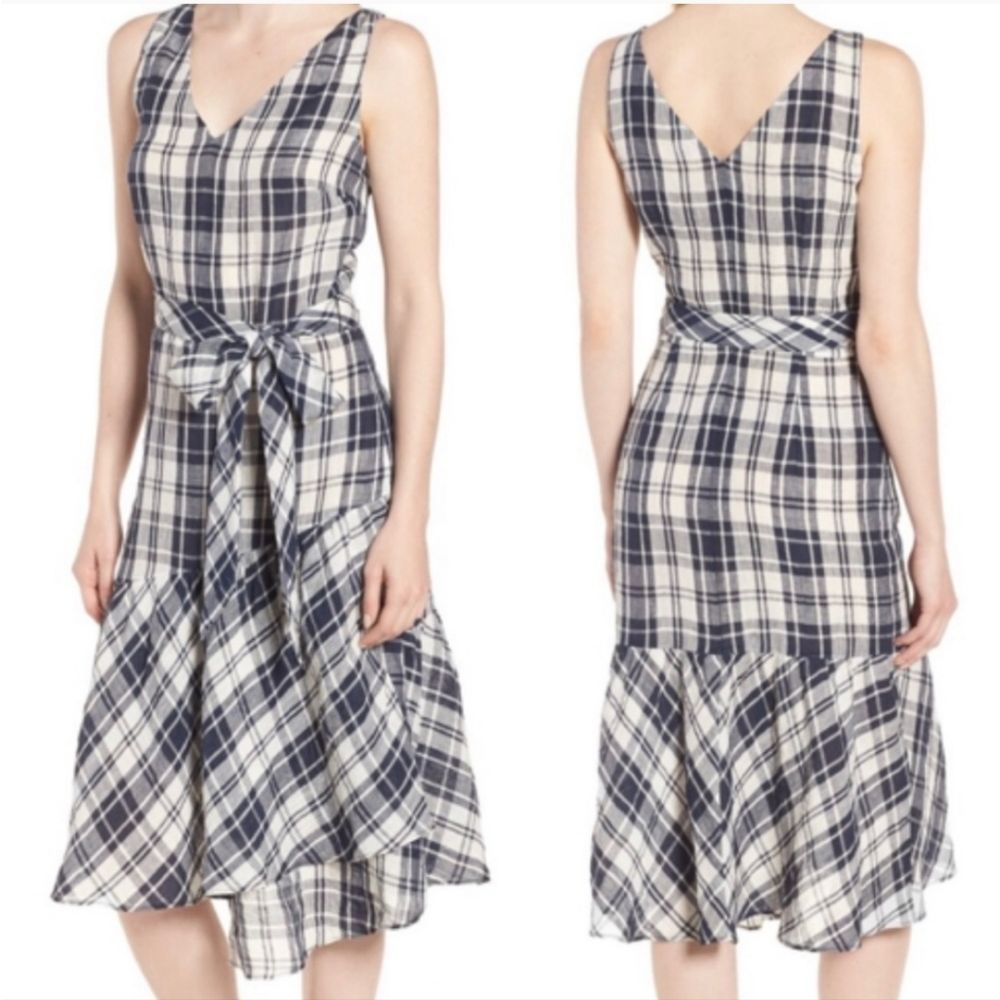 Nordstrom Signature Navy/White Plaid Faux Wrap Linen Dress Size 10